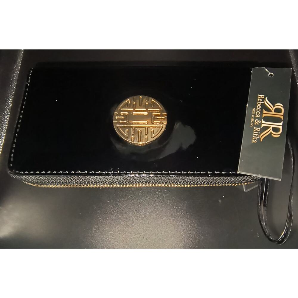 Rebecca & Rifka Patent-Black Zip-Around Wristlet/Wallet w/ Gold Emblem - NWT
